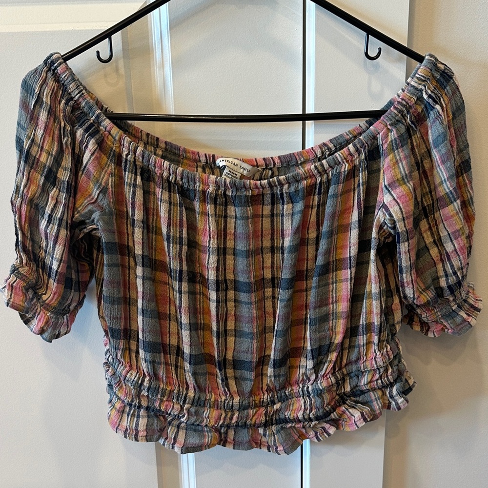 2/$20 AMERICAN EAGLE PLAID Off Shoulder CROP TOP Smocked Peasant Puff Sz Med